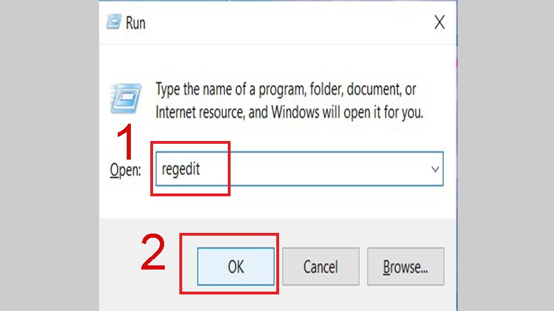 Nhập "regedit" và nhấn OK