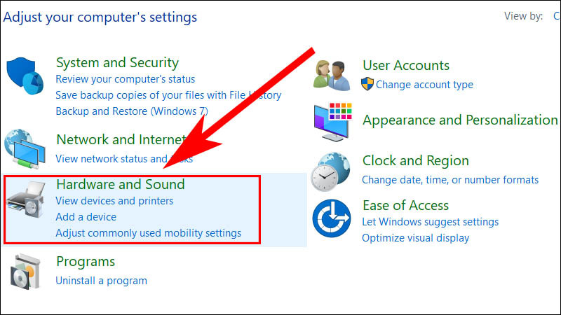 Nhấn chọn Hardware and Sound 