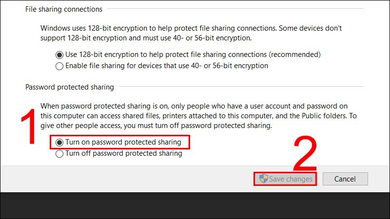 Chọn Turn off password protected sharing