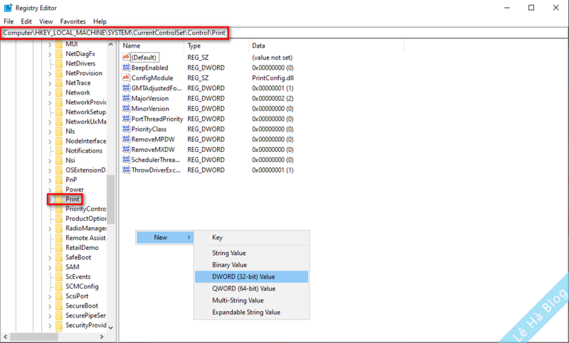 Truy cập đường dẫn Computer\HKEY_LOCAL_MACHINE\SYSTEM\CurrentControlSet\Control\Print.
