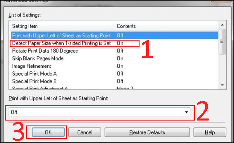 Chọn mục Detect Paper Size when 1-sided Printing is Set