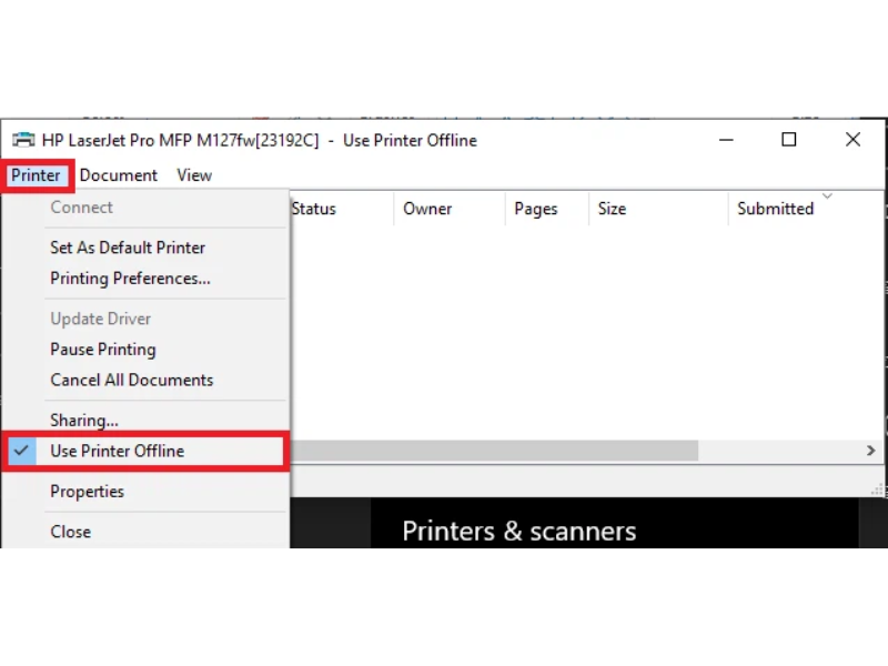 Click vào Use Printer Offline 