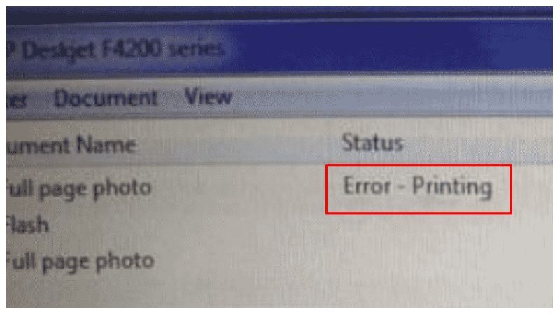 Thông báo lỗi "Error Printing" hiển thị trên màn hình