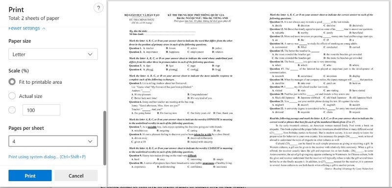 Cách in 4 trang trên 1 tờ A4 đối với file PDF