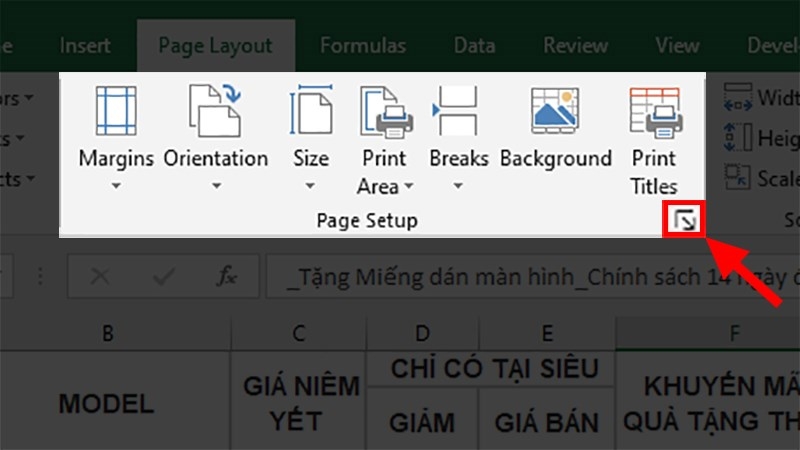 Mở hộp thoại Page Setup